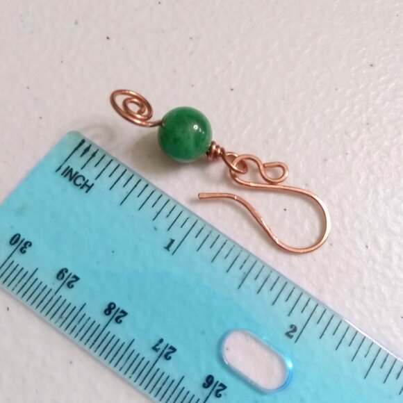 Forest Whispers ~ Graceful Feminine Copper Swirl Earrings with Green Stone Beads - Picture 8 of 9